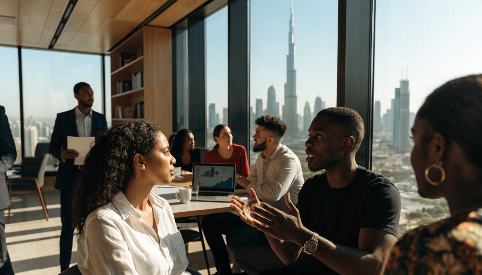 A team of founders working in a bright Dubai office