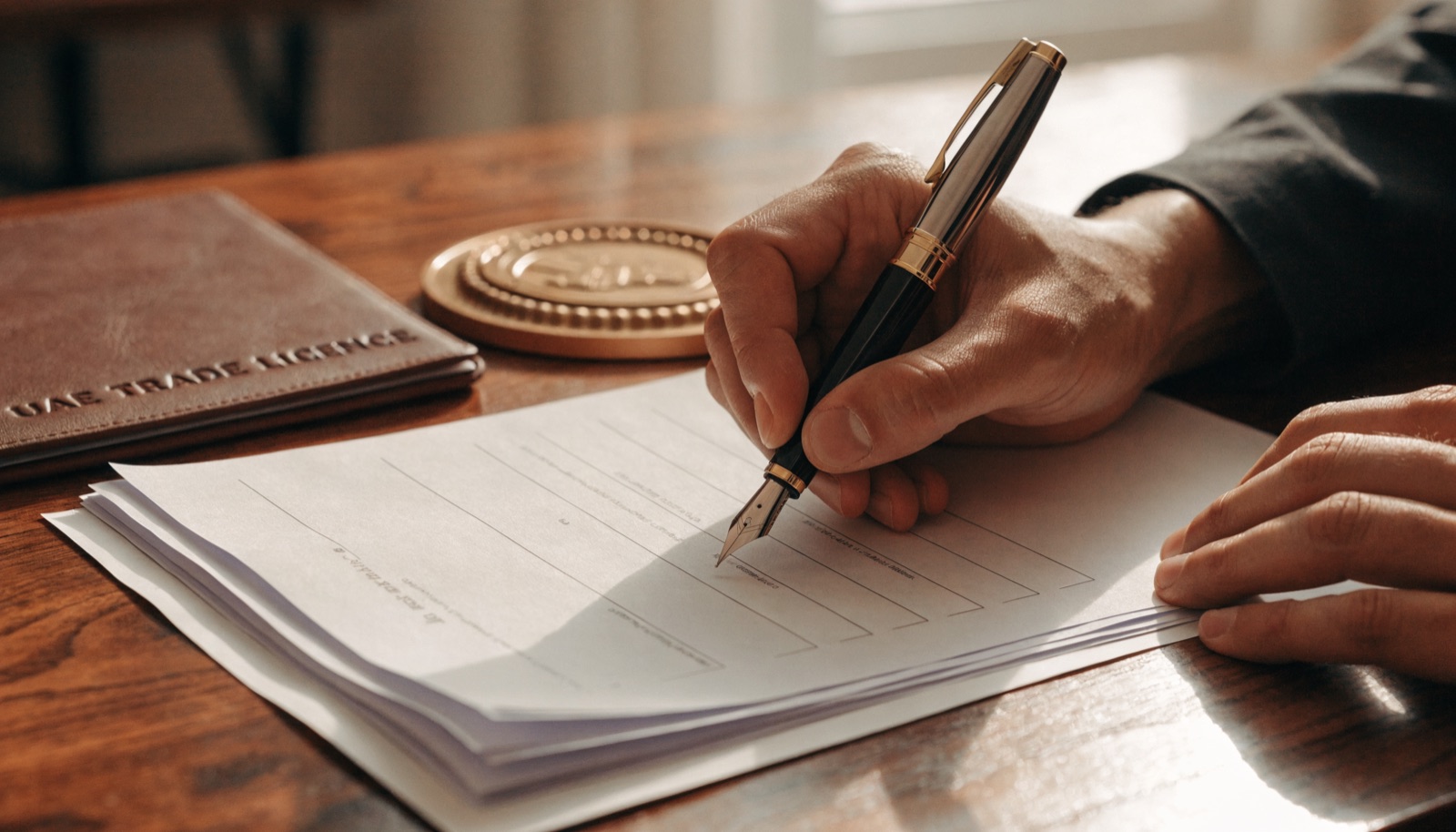 Hands signing incorporation documents at a desk